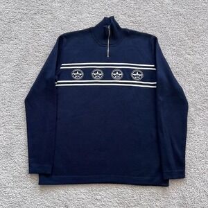 Bogner 1/4 Zip Sweater Mens L Blue Mock Neck Stripe Bison Knit Virgin Wool Blend